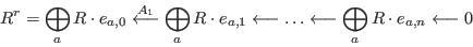 \begin{displaymath}
R^r = \bigoplus_a R\cdot e_{a,0} \buildrel A_1 \over \longl...
...ts \longleftarrow
\bigoplus_a R\cdot e_{a,n} \longleftarrow 0
\end{displaymath}