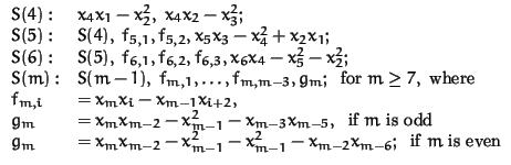 $\begin{array}{ll}
S(4): & x_4x_1 - x_2^2,\; x_4x_2 - x_3^2;\\
S(5): & S(4),\; ...
...1}^2 - x_{m-1}^2 - x_{m-2} x_{m-6};\; \mbox{ if } m
\mbox{ is even}
\end{array}$