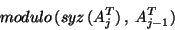 \begin{displaymath}modulo\,(syz\,(A_j^T)\,,\:A_{j-1}^T)\end{displaymath}