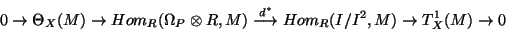 \begin{displaymath}0 \rightarrow \Theta_X(M) \rightarrow Hom_R(\Omega_P \otimes ...
...rightarrow} Hom_R(I/I^2,M)
\rightarrow T^1_X(M) \rightarrow 0 \end{displaymath}