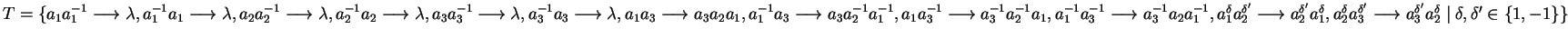 $T = \{ a_1a_1^{-1} \longrightarrow\lambda, a_1^{-1}a_1 \longrightarrow\lambda, ...
...\longrightarrow a_3^{\delta'}a_2^{\delta} \mid
\delta, \delta' \in \{1,-1\}\}$