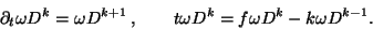 \begin{displaymath}\partial_t \omega D^k=\omega D^{k+1}\,,\qquad t\omega D^k=f\omega D^k-k\omega
D^{k-1}.\end{displaymath}